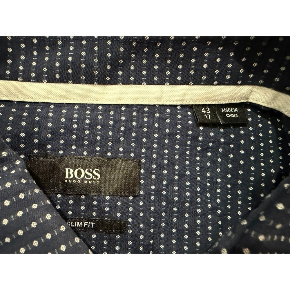 Hugo Boss Jesse Slim Fit Dress Shirt Navy Blue Geometric Dot Mens 17 43 L - Picture 5 of 11
